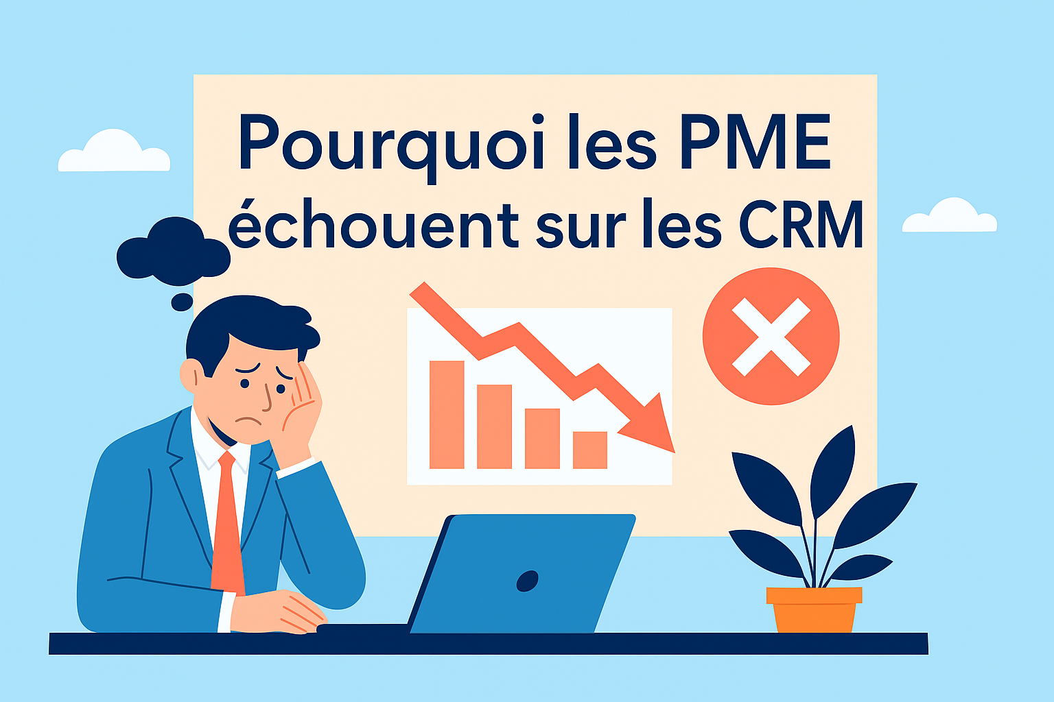 Illustration représentant un dirigeant de PME préoccupé devant son ordinateur, avec en arrière-plan un graphique en baisse et le titre « Pourquoi les PME échouent sur les CRM ». L’image symbolise les difficultés rencontrées par les entreprises dans la mise en place et l’adoption de leur CRM.
